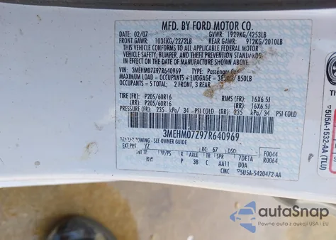 2007 Mercury Milan I4 from USA, damaged, VIN 3MEHM07Z97R640969